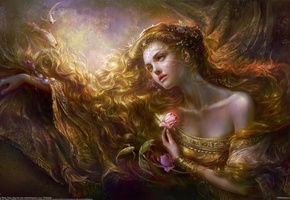 девушка, Арт, волосы, украшения, цветы, rongrong wang, рыбы