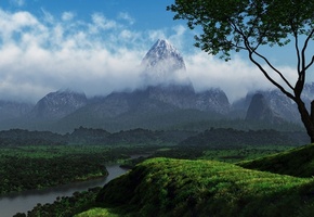 деревья, зелень, облака, река, Природа, холмы, гора