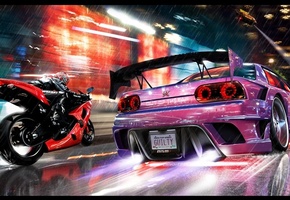 огни, nfs, скорость, мотоцикл, ночь, nissan skyline, Need for speed