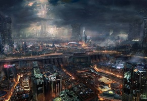 будущее, ночь, Город, фантастика, арт
