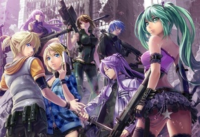 kagamine rin, Vocaloid, город, оружие, kagamine len, hatsune miku, kaito, megurine luka