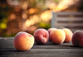 Еда, спелые, блики, фрукты, стол, персики