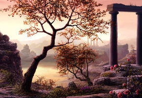 колонны, деревья, цветы, Рисунок, руины, природа, арт