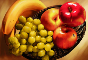 винограды, корзина, яблоки, живопись, Бананы, муха