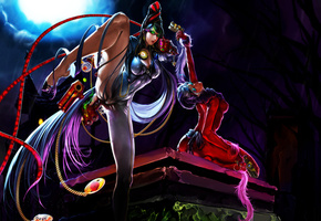 очки, оружие, ночь, Bayonetta, луна, девушки