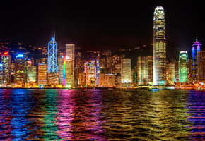 вечер, огни, Город, гонг конг, отражение