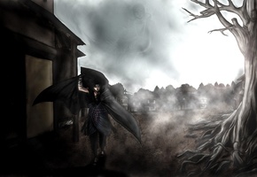 дерево, бинты, uchiha sasuke, город, Naruto, птицы, катана