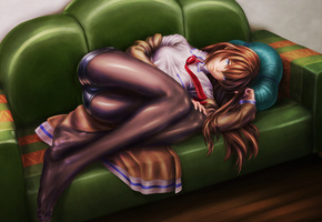 makise kurisu, девушка, подушка, лежит, Steins gate, диван, колготы