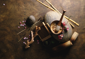 пестик, бамбук, ступка, корень, Лепестки, палочки