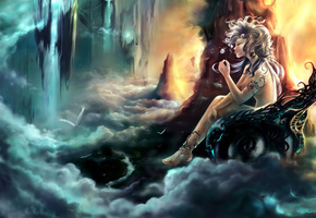 птицы, Облака, богиня, девушка, небеса, цветок