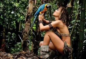 невероятно, лес, ара, Птица, девушка, природа