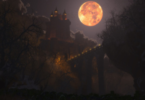 Dracul, замок, happy halloween, луна, графика, мост, ночь, огни, digital