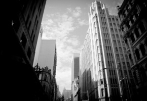 Здания, черное, белое, небоскребы, небо