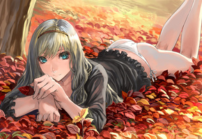 ranou, листья, осень, лежит, Арт, девушка