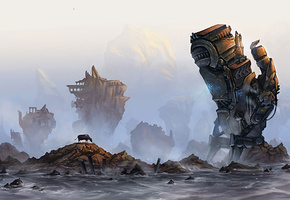 Робот, камни, море, механизм, корова, гигантский, скалы