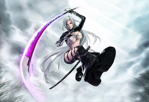 меч, Девушка, сапоги, атака, грудь, катана, глаза, волосы