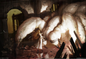 Vindictus, монстр, руины, паук, дождь, цепи, девушка