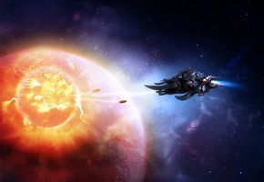 Космос, космический корабль, планета, звезды