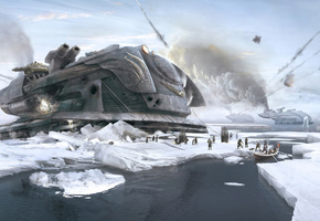 дым, Корабль, люди, море, вода, льдины, взрыв, лодка