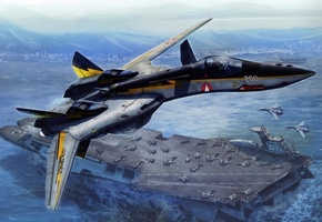 корабль, самолет, Macross, море, истребитель, авианосец