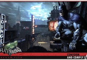 Batman, вывески, луна, arkham city, город, ночь