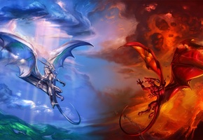 Драконы, вулкан, воздух, облака, синий, огонь, красный