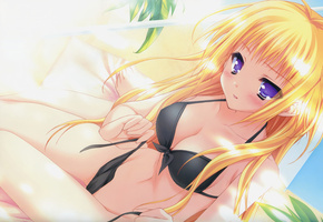 деревья, пляж, купальник, Аниме, взгляд, девушка