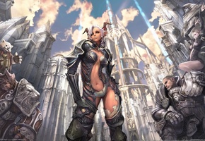 воин, доспех, магия, Tera, рога, город, облака, девушка