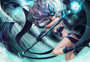 эльфийка, молния, эльф, посох, League of legends, девушка, магия