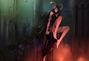 Арт, гора, демоница, демон, череп, хвост, подземелье