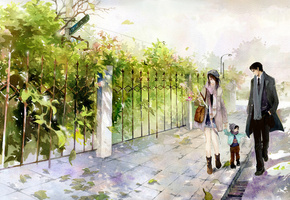 семья, прогулка, листва, рисунок, ребёнок, He he wu