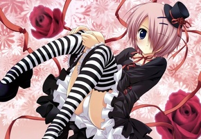 девушка, чулки, взгляд, платье, ленточки, Аниме, шляпка