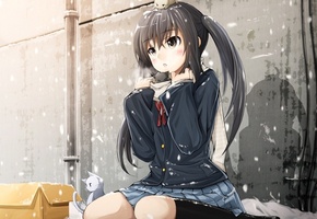 зима, снег, кошки, девочка, форма, K-on!, коробка, nakano azusa