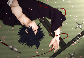 сюрикен, uchiha sasuke, Naruto, лепестки, кунай, красная нить