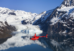 полёт, лопасти, океан, Вертолёт, горы, море, снег