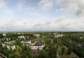 крыша, Припять, деревья, квартиры, небо, город призрак