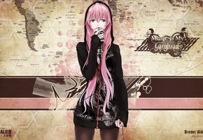 megurine luka, провод, надпись, карта, Vocaloid, капюшон, микрофон