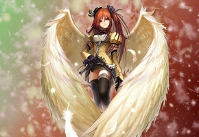 перья, крылья, рыжая, Девушка, ангел, сияние