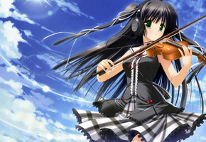 небо, Аниме, скрипка, форма, девушка, взгляд, наушники