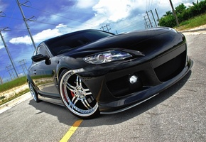 чёрный, передок, диски, небо, rx-8, Mazda, фара, дорога, мазда