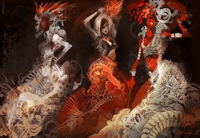 арт, цветы, Узоры, девушки, фон, завитки