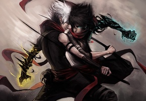 оружие, Битва, руки, шарф, когти, катана, мечи, магия