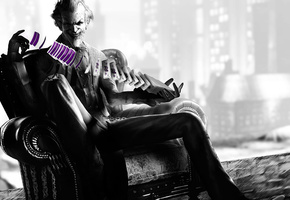 Batman, злодей, joker, улыбка, arkham city, карты, джокер