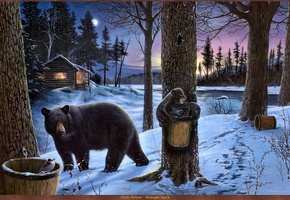 медвежата, медведь, природа, Картина, луна, река, лес