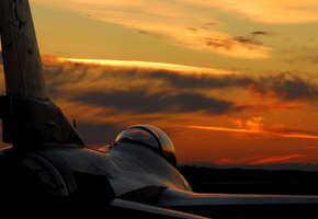 Истребитель, закат, крыло, кабина, красиво