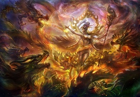 магия, девушка, Арт, посох, многорукая, rong rong, драконы