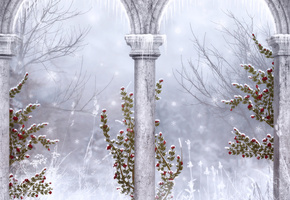 сосульки, снежинки, Готика, зима, колонны, руины