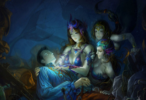 раненный, русалки, вода, море, подводный мир, Девушки