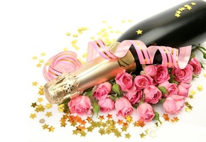 Розы, шампанское, бутылка, звёздочки