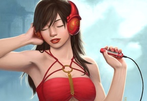 плеер, музыка, Девушка, арт, рисунок, наушники